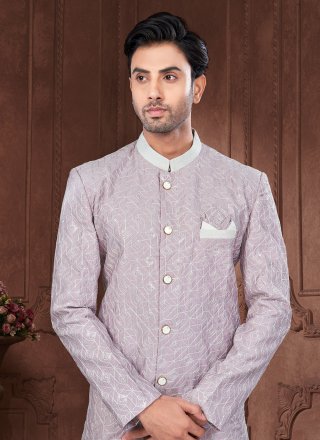Purple Silk Buttons, Machine Embroidery, Stone and Thread Work Indo Western for Ceremonial