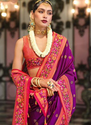 Purple Silk Classic Saree with Patch Border, Jacquard and Meenakari Work for Ceremonial