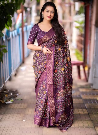 Purple Silk Contemporary Saree with Print Work for Women