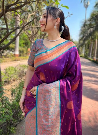 Purple Silk Contemporary Sari with Woven and Zari Work for Ceremonial