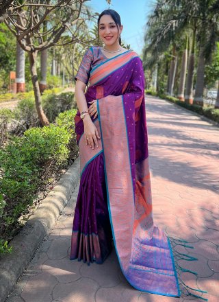 Purple Silk Contemporary Sari with Woven and Zari Work for Ceremonial