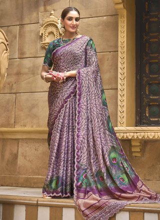 Purple Silk Diamond and Hand Work Classic Sari for Ceremonial