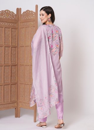 Purple Silk Embroidered and Print Work Pant Style Suit