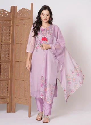 Purple Silk Embroidered and Print Work Pant Style Suit