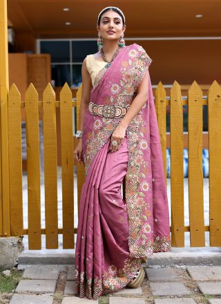 Purple Silk Embroidered and Resham Thread Work Traditional Saree for Bridal