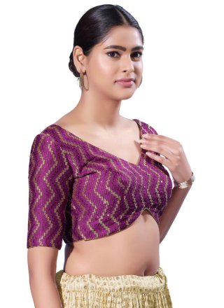 Purple Silk Embroidered Work Blouse for Casual