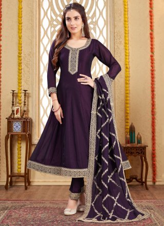 Purple Silk Embroidered Work Pant Style Suit for Engagement