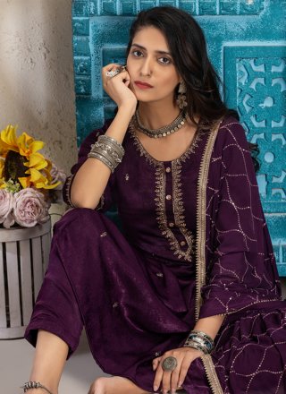 Purple Silk Embroidered Work Salwar Suit for Ceremonial