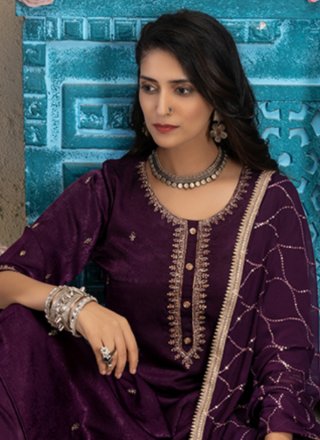 Purple Silk Embroidered Work Salwar Suit for Ceremonial