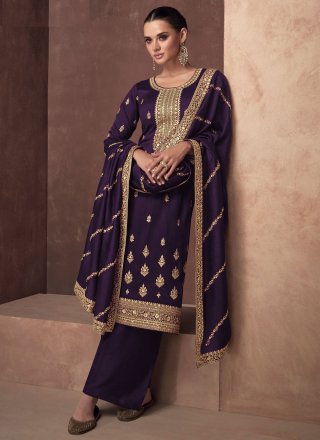 Purple Silk Embroidered Work Salwar Suit for Ceremonial
