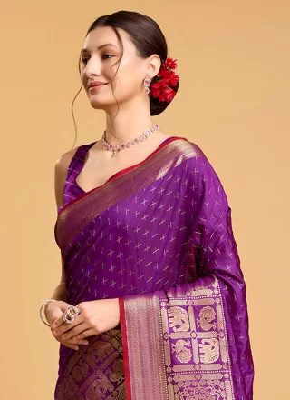 Purple Silk Jacquard and Weaving Work Classic Saree for Women