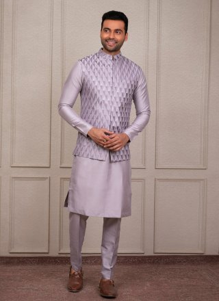 Purple Silk Kurta Payjama with Jacket with Embroidered Work for Ceremonial