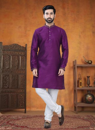 Purple Silk Kurta Pyjama with Buttons and Plain Work