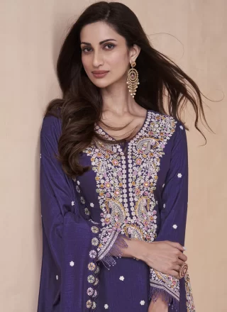 Purple Silk Palazzo Salwar Suit with Embroidered Work