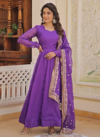 Purple Silk Plain Work Gown for Ceremonial