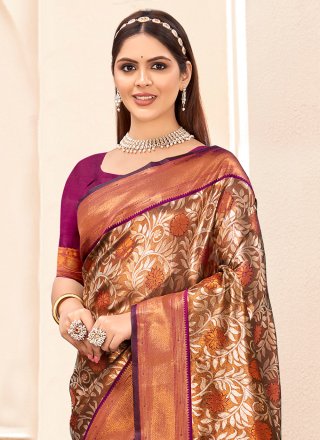 Purple Silk Print and Woven Work Classic Sari