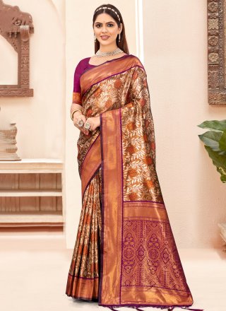 Purple Silk Print and Woven Work Classic Sari