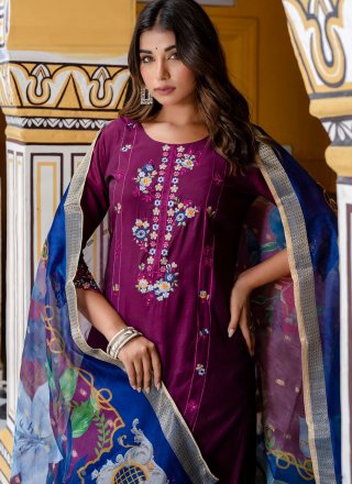 Purple Silk Readymade Salwar Suit with Embroidered Work for Ceremonial