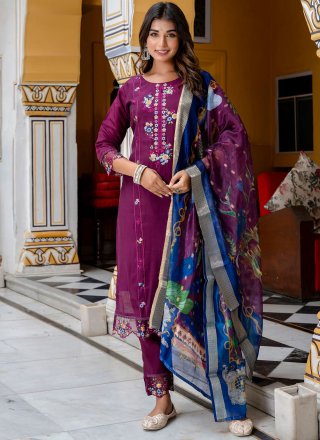 Purple Silk Readymade Salwar Suit with Embroidered Work for Ceremonial