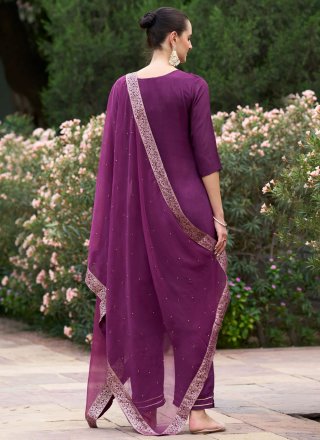Purple Silk Readymade Salwar Suit with Embroidered Work for Women