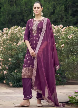 Purple Silk Readymade Salwar Suit with Embroidered Work for Women