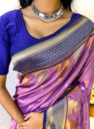 Purple Silk Traditional Saree with Print Work for Women