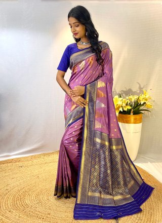 Purple Silk Traditional Saree with Print Work for Women