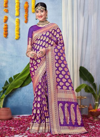 Purple Silk Woven Work Classic Sari for Ceremonial