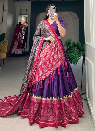 Purple Tussar Silk Foil Print Work Lehenga Choli for Ceremonial