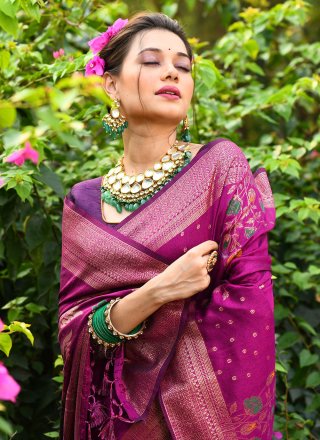 Purple Tussar Silk Meenakari and Woven Work Trendy Saree for Women