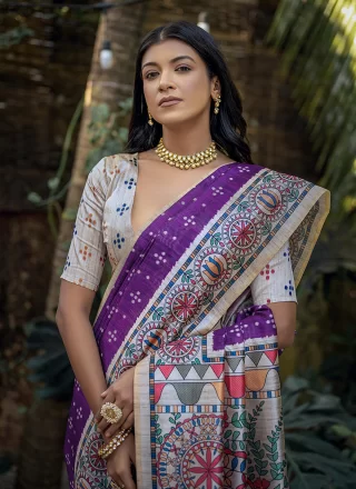 Purple Tussar Silk Print Work Casual Sari for Casual