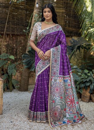 Purple Tussar Silk Print Work Casual Sari for Casual