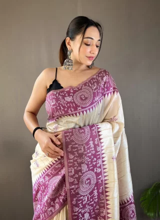 Purple Tussar Silk Print Work Classic Sari for Women