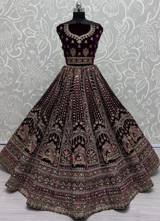 Purple Velvet Dimond, Dori, Embroidered, Fancy, Mirror, Sequins, Thread and Zari Work Lehenga Choli for Women