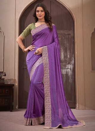 Purple Vichitra Silk Classic Sari with Patch Border and Embroidered Work for Ceremonial