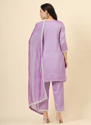 Purple Vichitra Silk Pant Style Suit with Embroidered Work