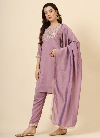 Purple Vichitra Silk Pant Style Suit with Embroidered Work for Women