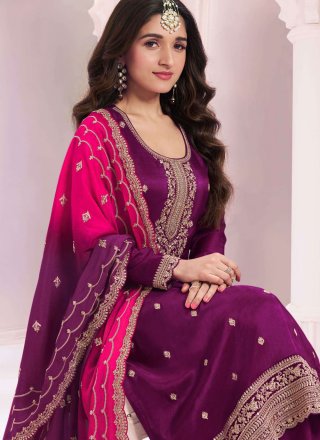 Purple Vichitra Silk Salwar Suit with Embroidered, Sequins and Zari Work for Women