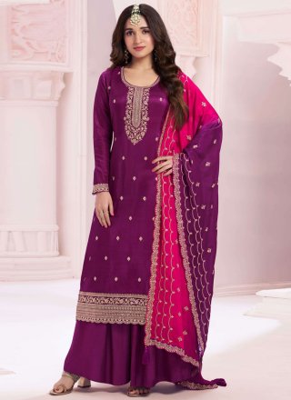 Purple Vichitra Silk Salwar Suit with Embroidered, Sequins and Zari Work for Women