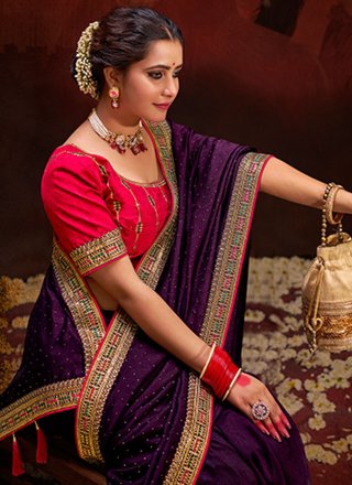 Purple Vichitra Silk Trendy Saree with Sequins and Swarovski Work for Women