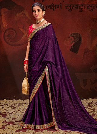 Purple Vichitra Silk Trendy Saree with Sequins and Swarovski Work for Women