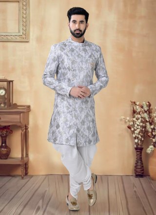 Radiant Grey Silk Sherwani Mens Wear with Sequins and Thread Work