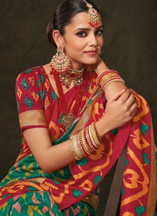 Rama and Red Silk Classic Sari with Foil Print Work