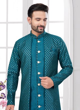 Rama Banarasi Silk Sherwani Mens Wear with Buttons and Machine Embroidery Work for Ceremonial