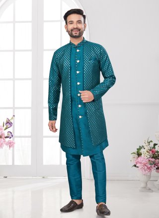 Rama Banarasi Silk Sherwani Mens Wear with Buttons and Machine Embroidery Work for Ceremonial