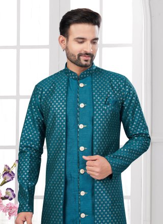 Rama Buttons, Machine Embroidery and Thread Work Banarasi Silk Sherwani Mens Wear