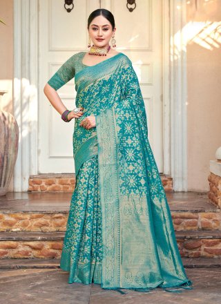 Rama Green embroidered paper silk saree with blouse - Vastrang - 2719780