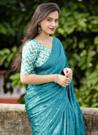 Rama Fancy and Print Work Silk Blend Trendy Saree