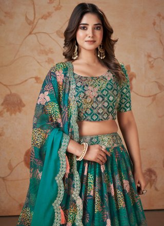 Rama Faux Georgette A - Line Lehenga Choli with Digital Print, Embroidered and Sequins Work