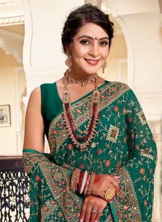 Rama Georgette Embroidered Work Classic Saree for Festival